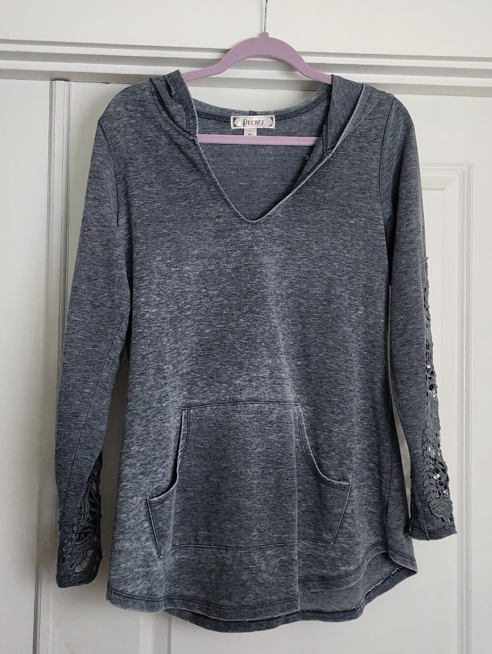 Decree Charcoal Gray Hooded Top with Lace Sleeve Accents
